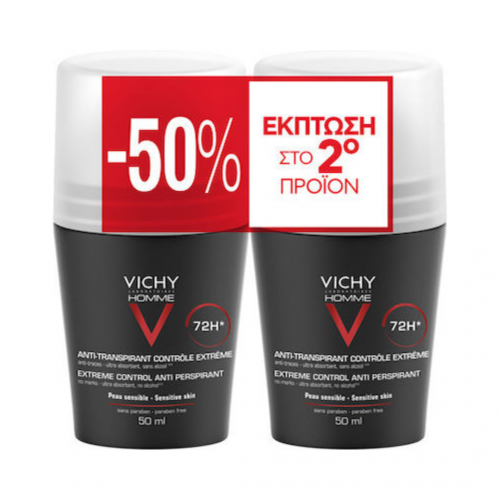Vichy Promo Anti Transpirant 72h Roll On Ανδρικό Αποσμητικό Έντονης Εφίδρωσης με Άρωμα -50% Έκπτωση στο 2ο προϊόν 2x50ml